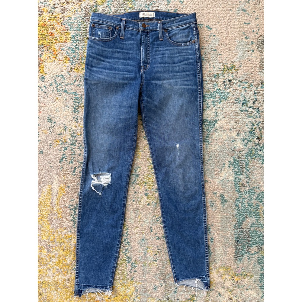 Madewell 10 High-Rise Skinny Jeans Distressed Raw Hem Blue Denim Size 29